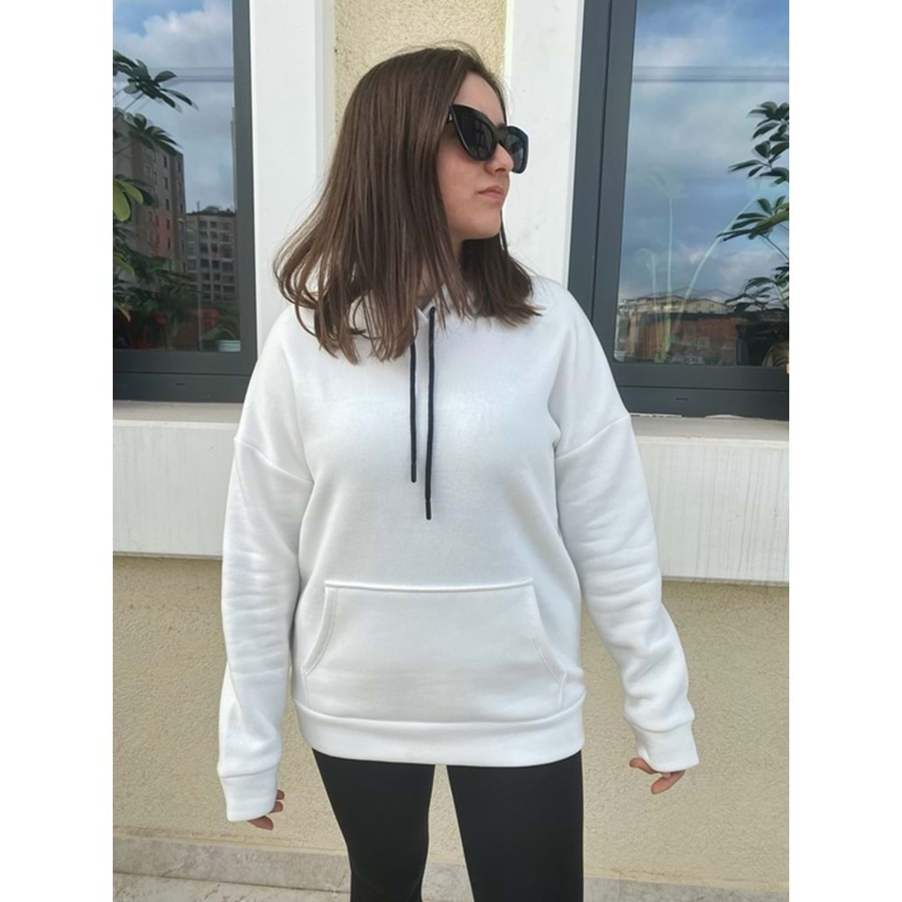 Slim Fit Kapüşonlu Sweatshirt - Beyaz - S