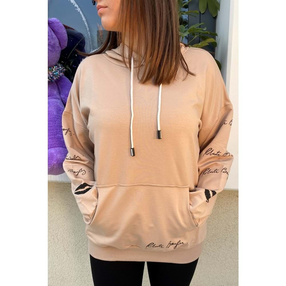 Kolu Yazı Detaylı Sweatshirt - Bej - S