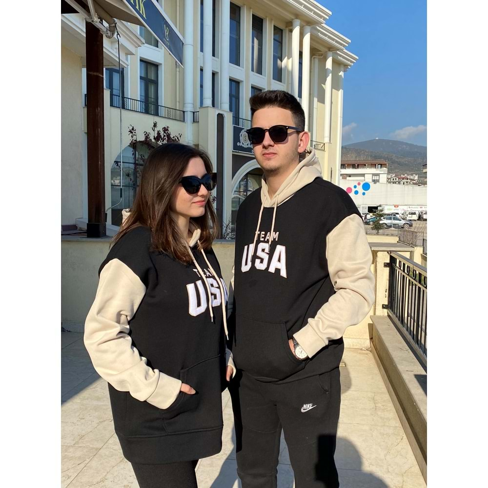 USA Baskılı Kapüşonlu Üç İplik Unısex Sweatshirt - Siyah - L