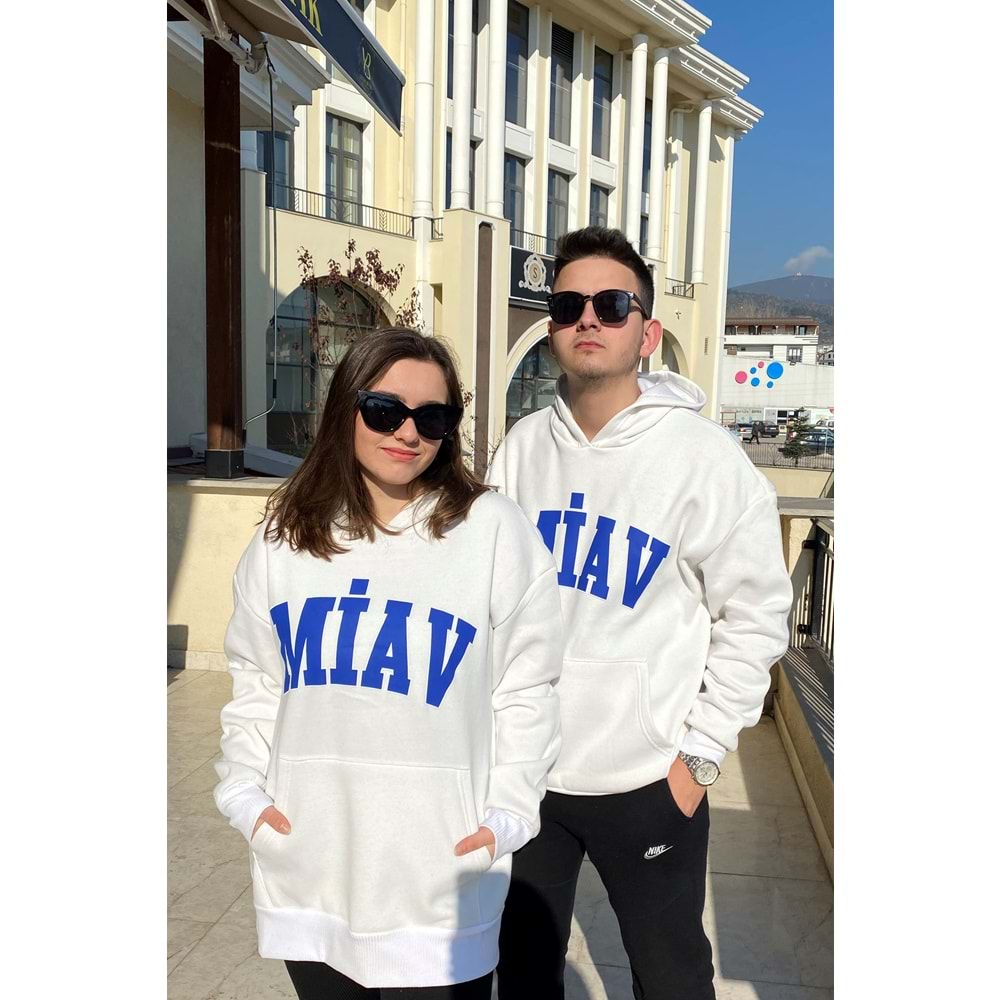 MİAV Baskılı Kapüşonlu Üç İplik Unısex Sweatshirt - Beyaz - L