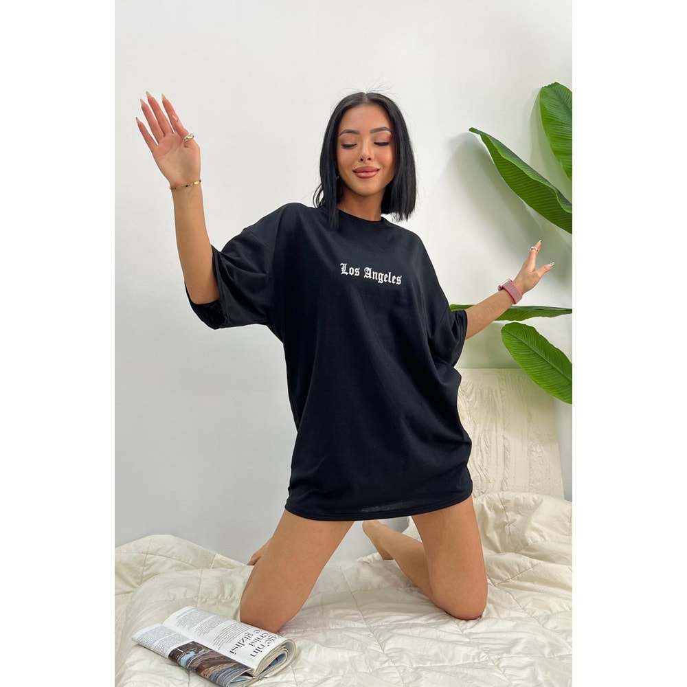 Los Angeles Baskılı Oversize T-shirt - Siyah - L