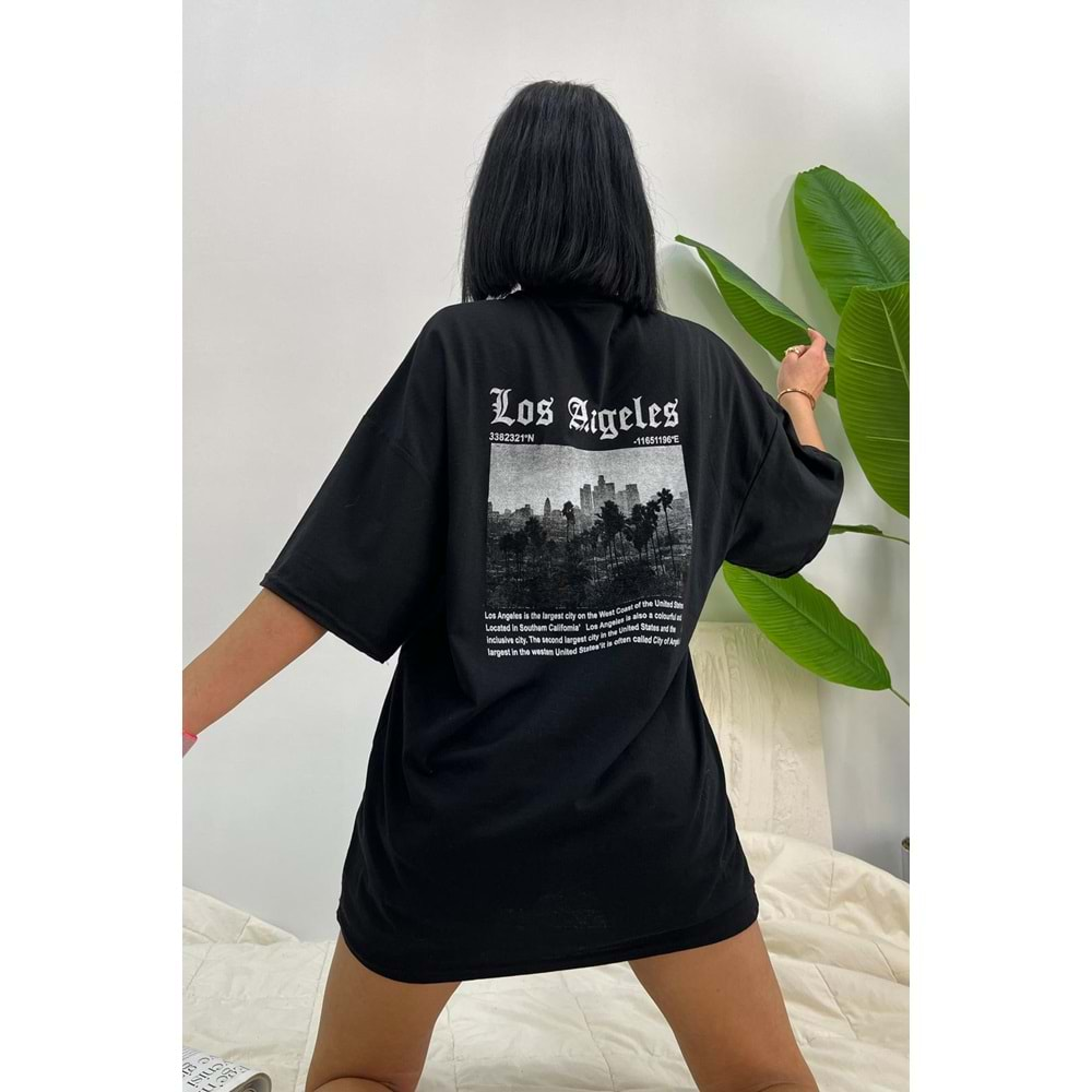 Los Angeles Baskılı Oversize T-shirt - Siyah - L