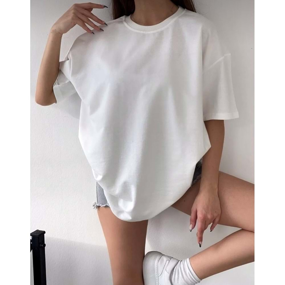 Düz Oversize T-shirt - Beyaz - M