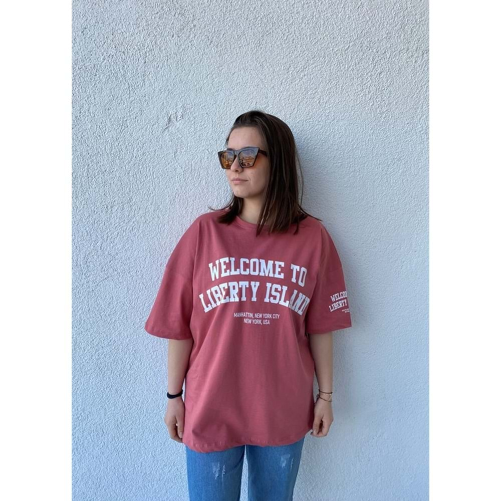 Yazı Baskılı Oversize T-Shirt Gül Kurusu - Gül - STANDART