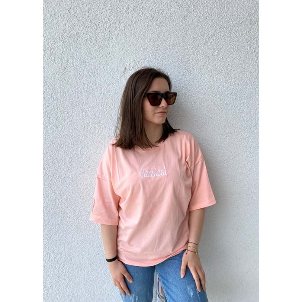 Classical Baskılı Düz Oversize T-Shirt Pembe - Pembe - S