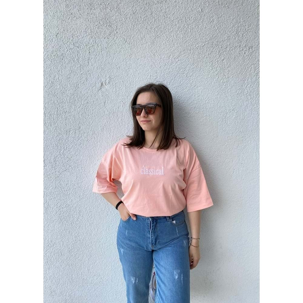 Classical Baskılı Düz Oversize T-Shirt Pembe - Pembe - S