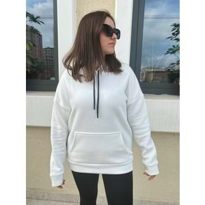 Slim Fit Kapüşonlu Sweatshirt - Beyaz - S