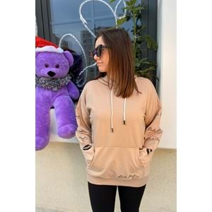 Kolu Yazı Detaylı Sweatshirt - Bej - S