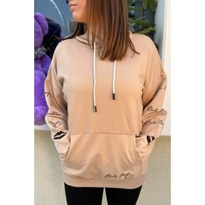 Kolu Yazı Detaylı Sweatshirt - Bej - S