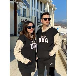 USA Baskılı Kapüşonlu Üç İplik Unısex Sweatshirt - Siyah - L