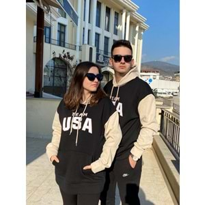 USA Baskılı Kapüşonlu Üç İplik Unısex Sweatshirt - Siyah - L