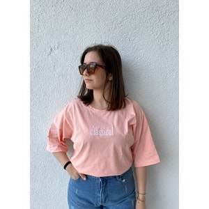 Classical Baskılı Düz Oversize T-Shirt Pembe - Pembe - S