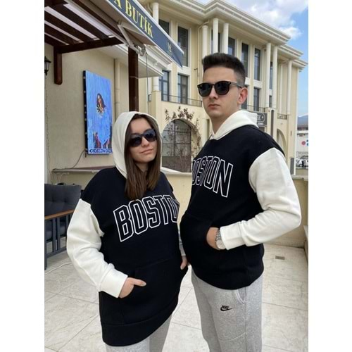 Boston Baskılı Kapüşonlu Üç İplik Unısex Sweatshirt