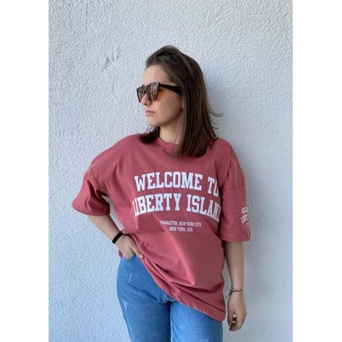 Yazı Baskılı Oversize T-Shirt Gül Kurusu