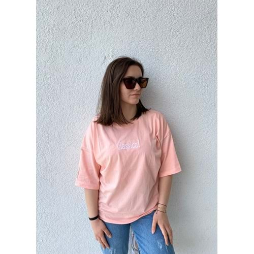 Classical Baskılı Düz Oversize T-Shirt Pembe